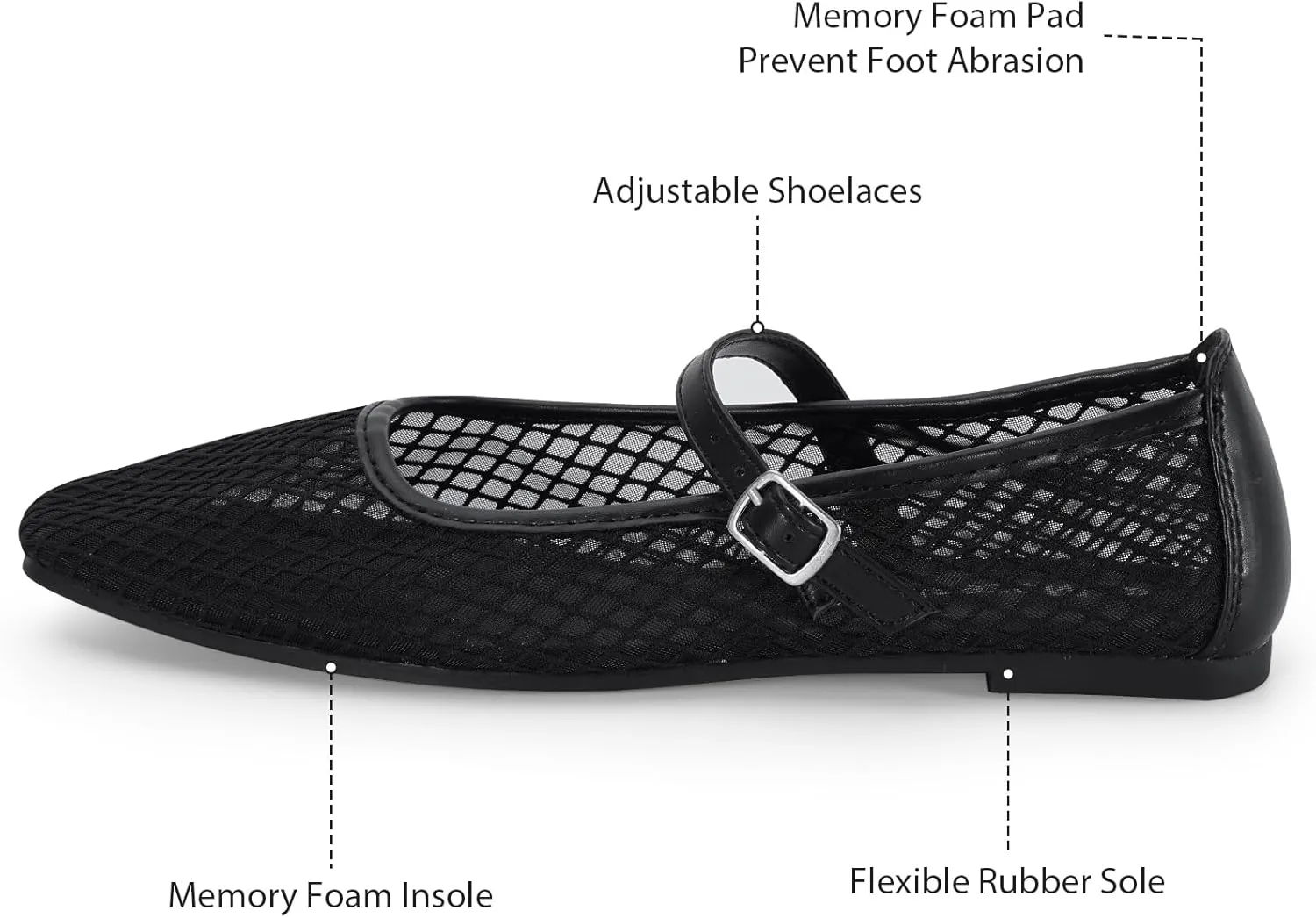 mazeskin Womens Mesh Memory Foam Ballet Flats Square Toe Shoes Ladies Comfortable Buckle Strap Ballerina Shoes with Rhinestone