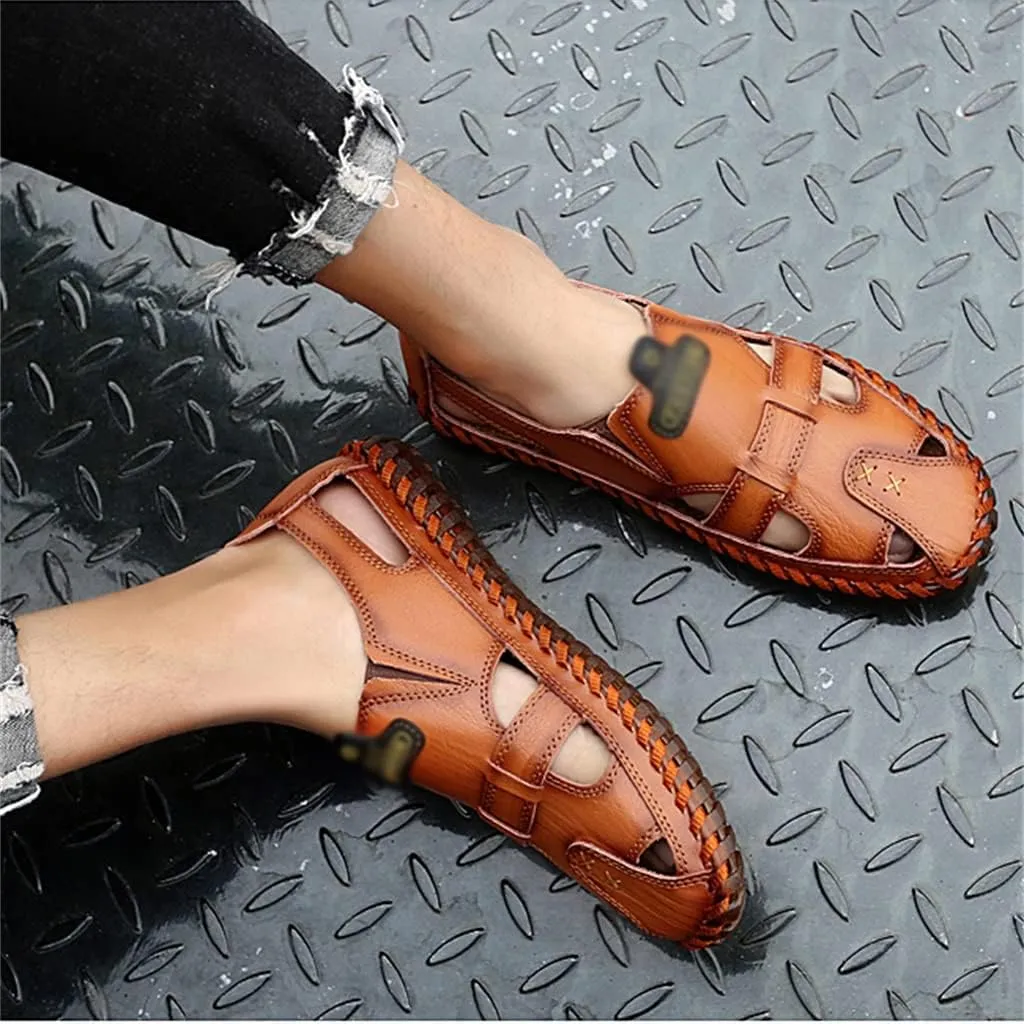 Men Sandals Real Leather Casual Beach Shoes Fisherman Leisure Trekking Non-Slip Breathable Slippers Hiking(48)