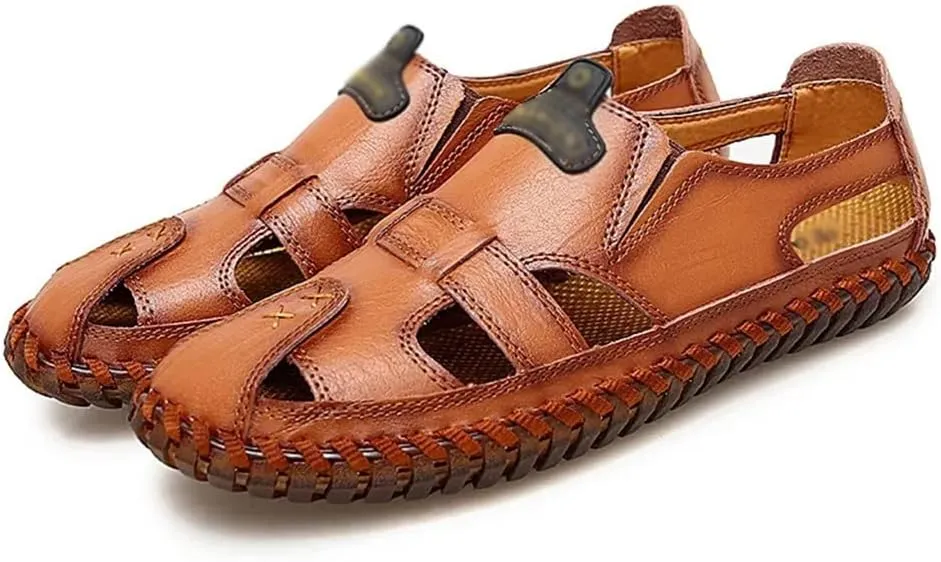 Men Sandals Real Leather Casual Beach Shoes Fisherman Leisure Trekking Non-Slip Breathable Slippers Hiking(48)