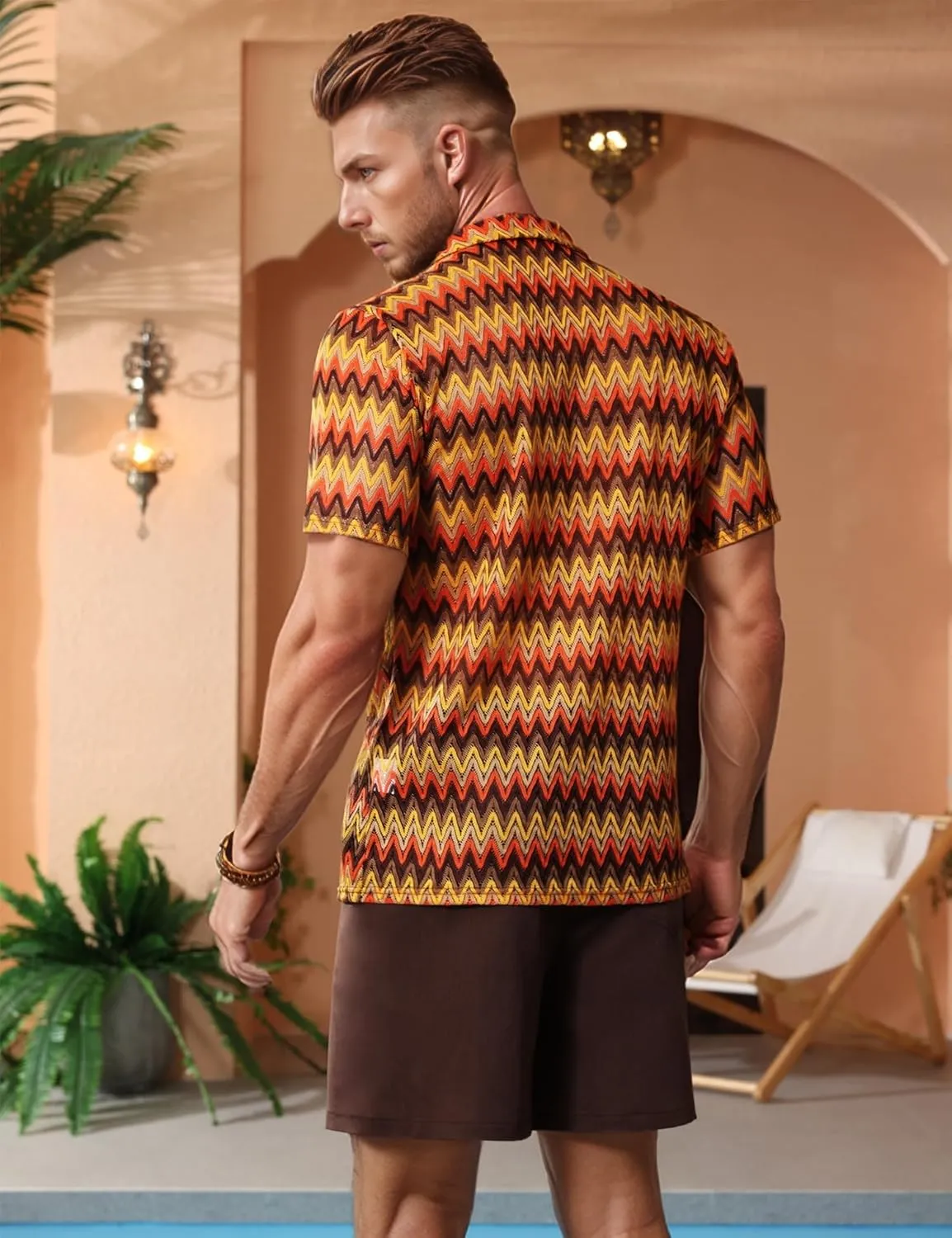 Mens 2 Pieces Outfits Summer Beach Set Tracksuit See Through Sheer Hollow Out Short Sleeve Lace Shirts and Shorts Sets
