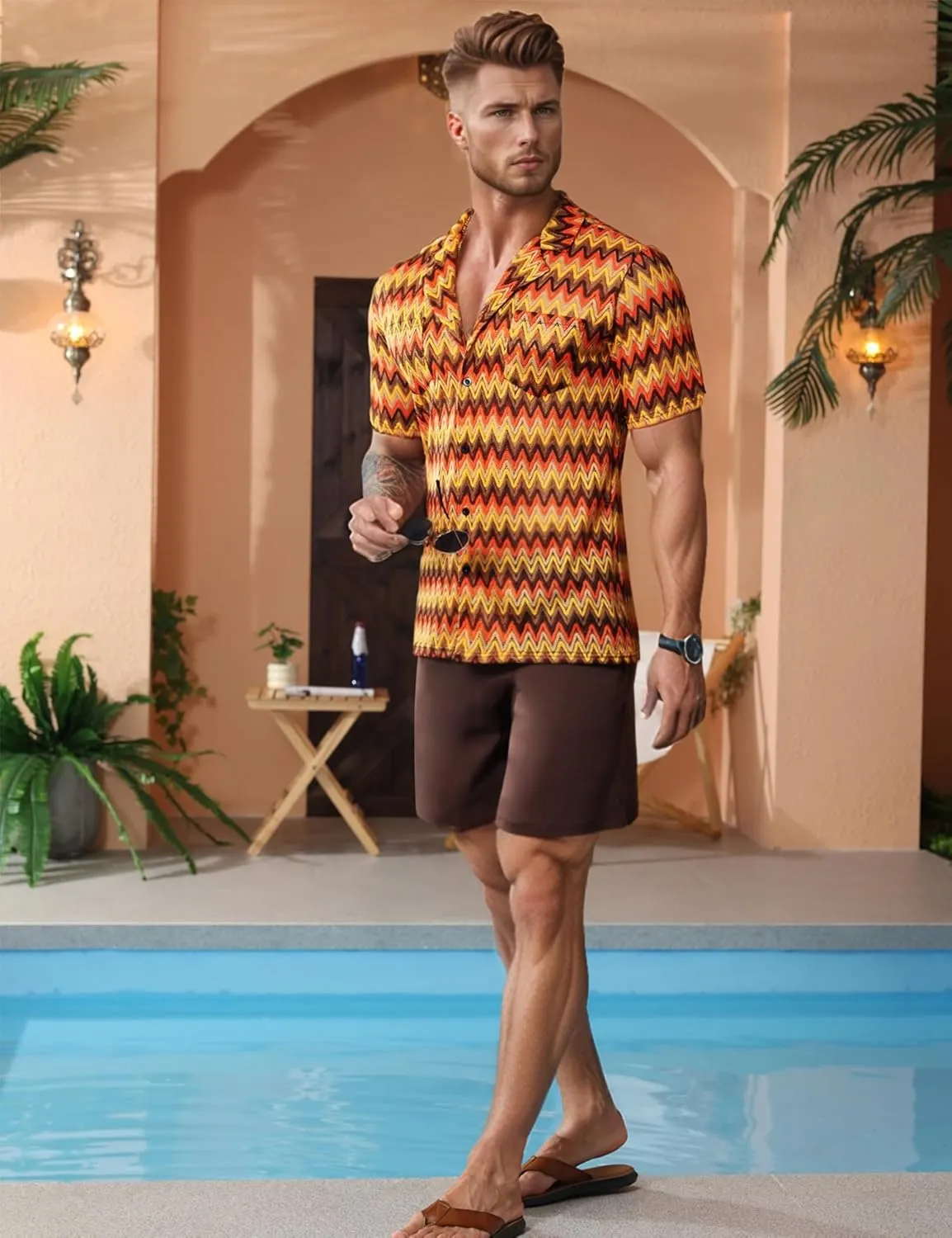 Mens 2 Pieces Outfits Summer Beach Set Tracksuit See Through Sheer Hollow Out Short Sleeve Lace Shirts and Shorts Sets