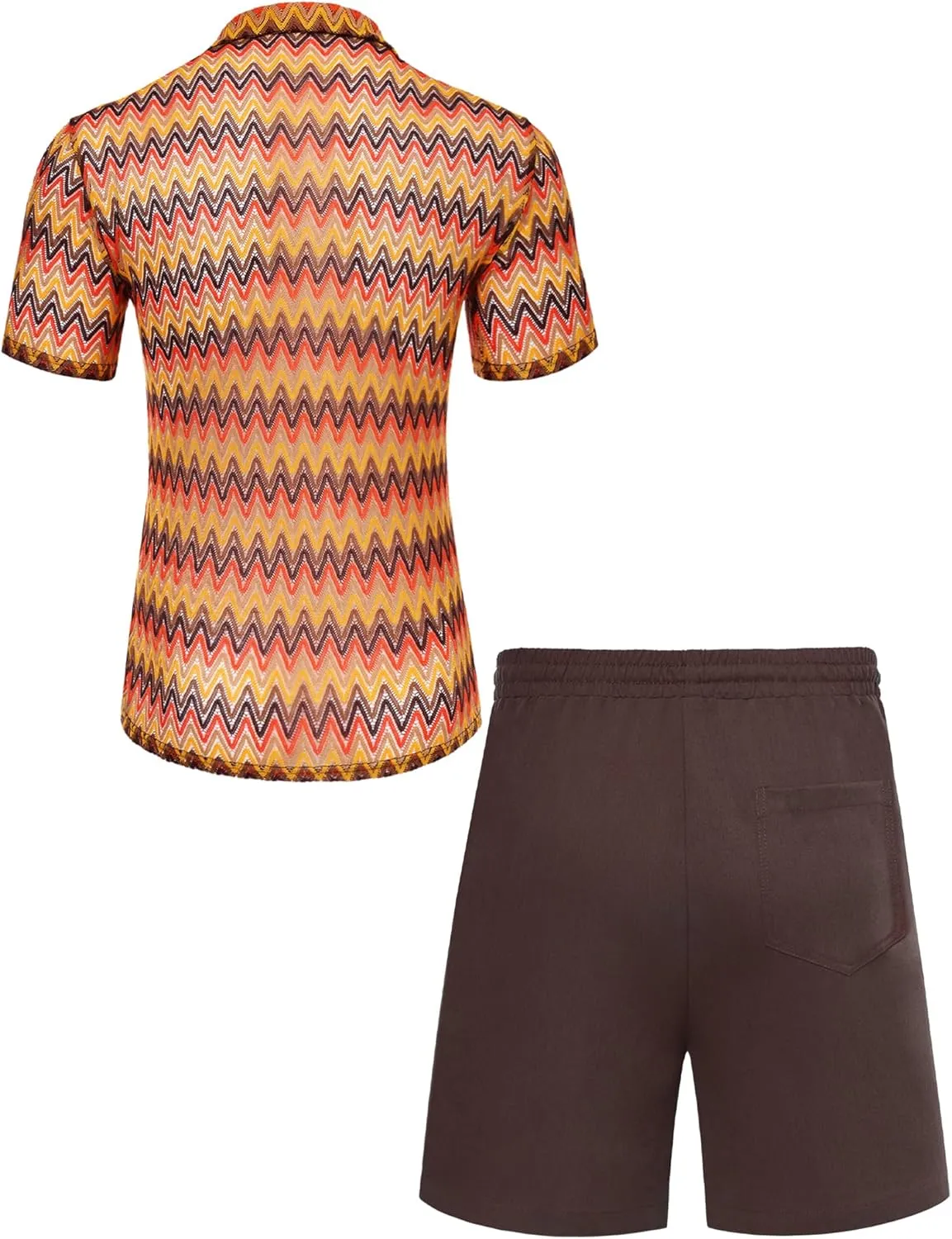 Mens 2 Pieces Outfits Summer Beach Set Tracksuit See Through Sheer Hollow Out Short Sleeve Lace Shirts and Shorts Sets