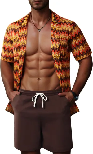 Mens 2 Pieces Outfits Summer Beach Set Tracksuit See Through Sheer Hollow Out Short Sleeve Lace Shirts and Shorts Sets