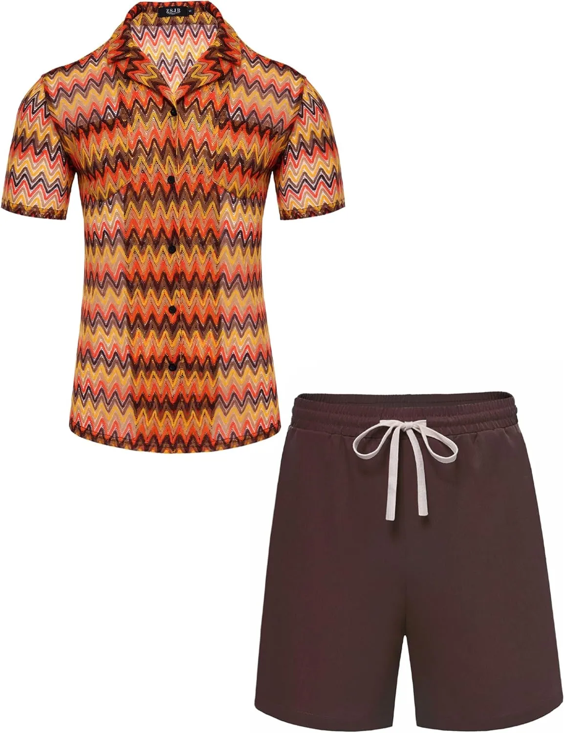 Mens 2 Pieces Outfits Summer Beach Set Tracksuit See Through Sheer Hollow Out Short Sleeve Lace Shirts and Shorts Sets