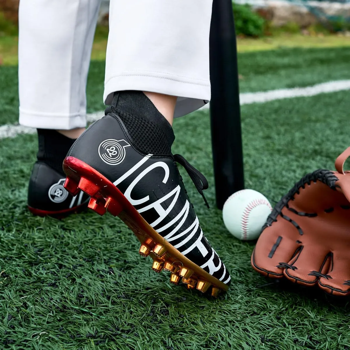 Men's Baseball Shoes Black White Outdoor High-Tops Lace-Up Non-Slip Spikes Baseball Turf Shoes for Men Competition/Training Combat Boots Baseball Sneakers