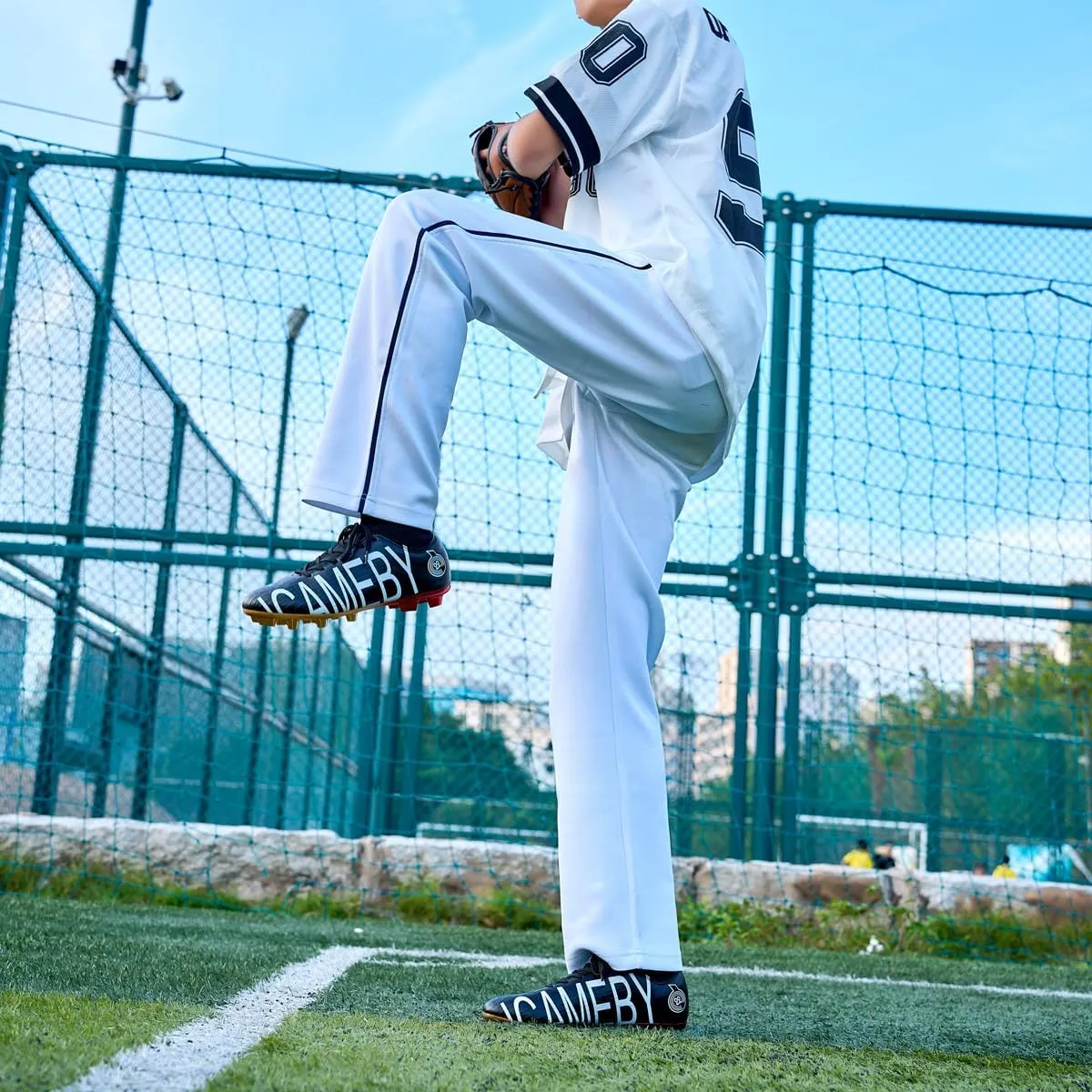 Men's Baseball Shoes Black White Outdoor High-Tops Lace-Up Non-Slip Spikes Baseball Turf Shoes for Men Competition/Training Combat Boots Baseball Sneakers