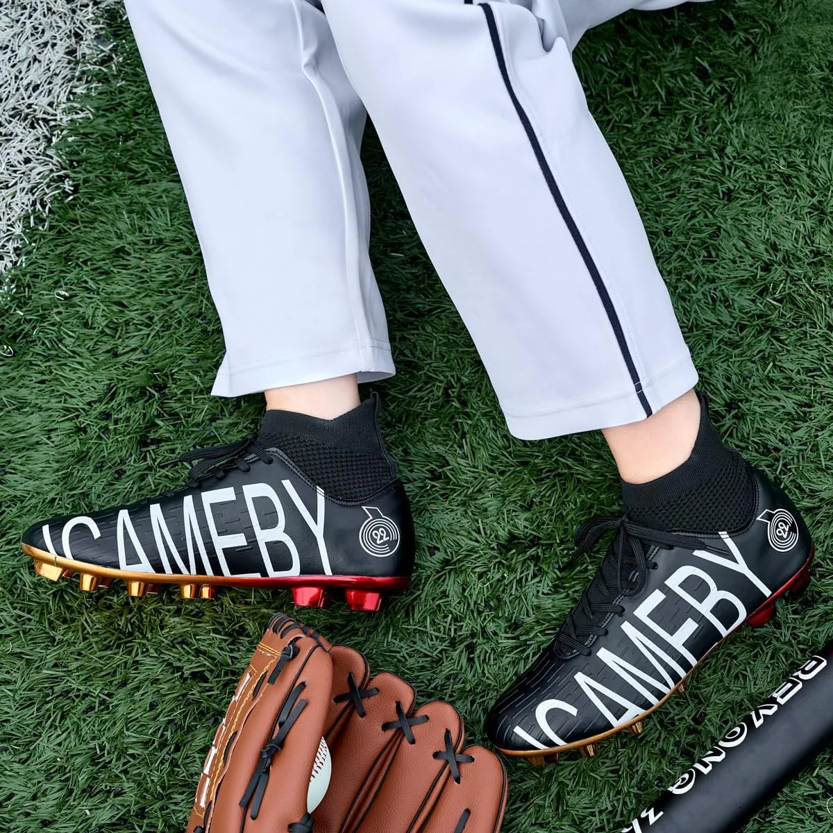 Men's Baseball Shoes Black White Outdoor High-Tops Lace-Up Non-Slip Spikes Baseball Turf Shoes for Men Competition/Training Combat Boots Baseball Sneakers