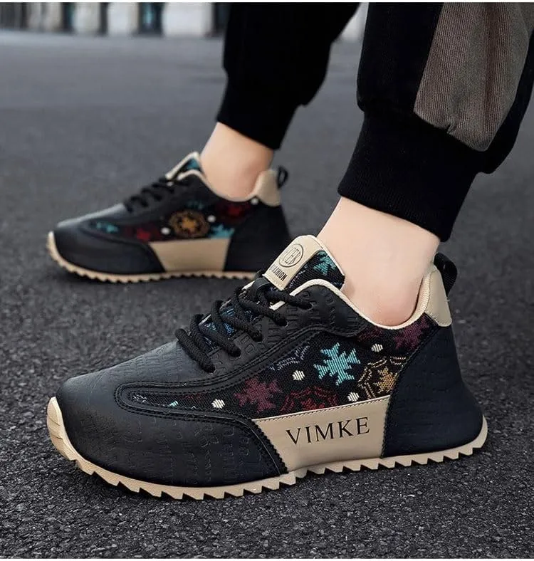 Men's Black Graphic Print Sneakers - Colorful Pattern Design, Non-Slip Rubber Sole & Lightweight Mesh Upper for Urban Casual Style