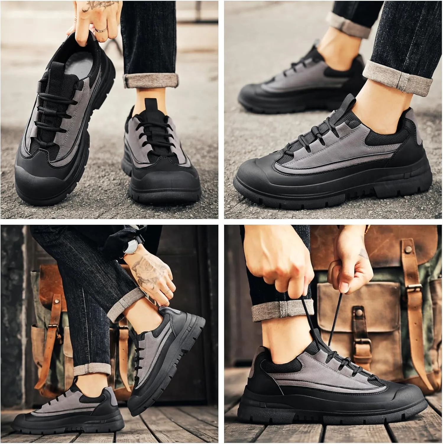 Men's Casual Sneakers Low-Top Leather & Breathable Mesh Chunky Sole Anti-Slip Walking Shoes with Flexible Cushioning for Business Casual & Daily Wear