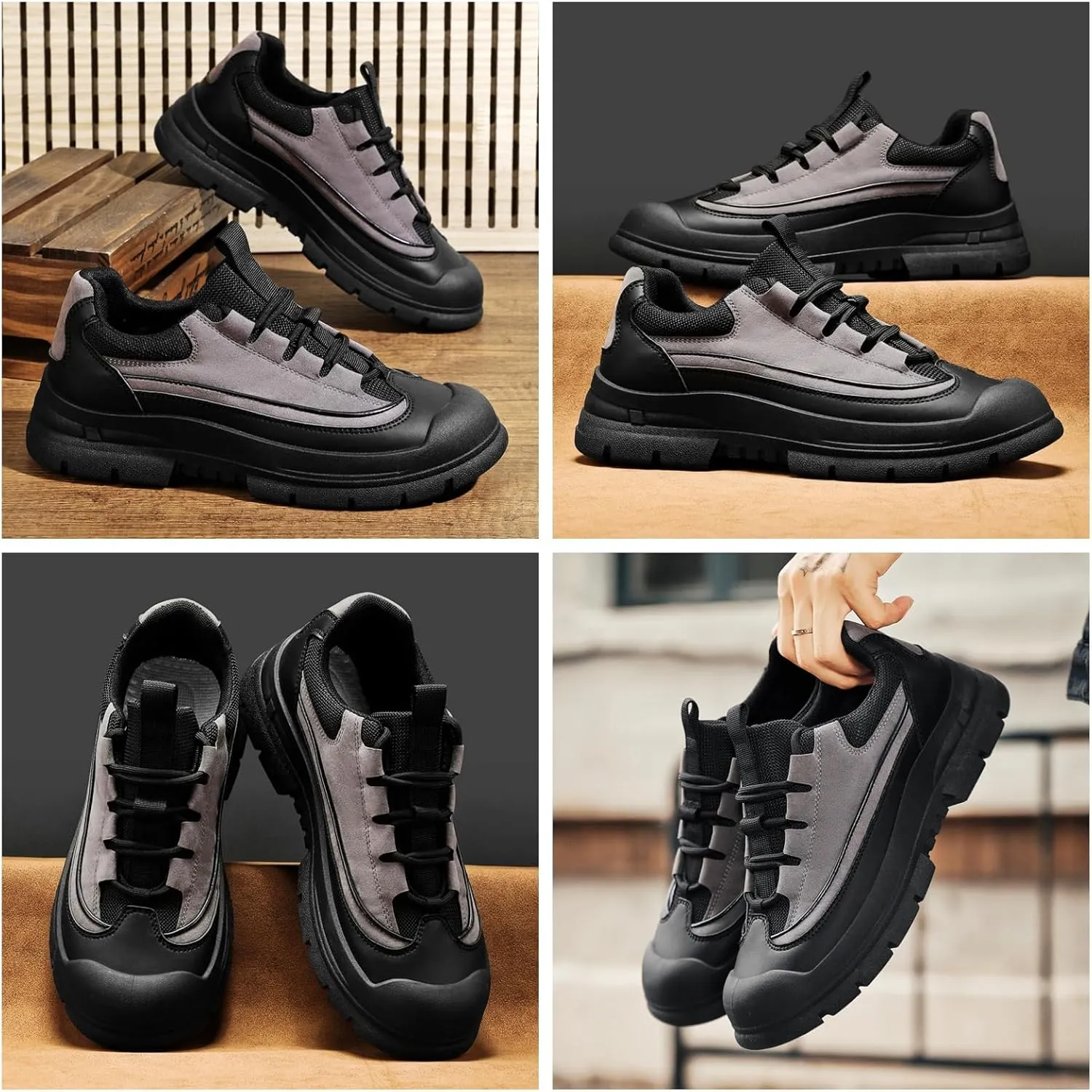 Men's Casual Sneakers Low-Top Leather & Breathable Mesh Chunky Sole Anti-Slip Walking Shoes with Flexible Cushioning for Business Casual & Daily Wear