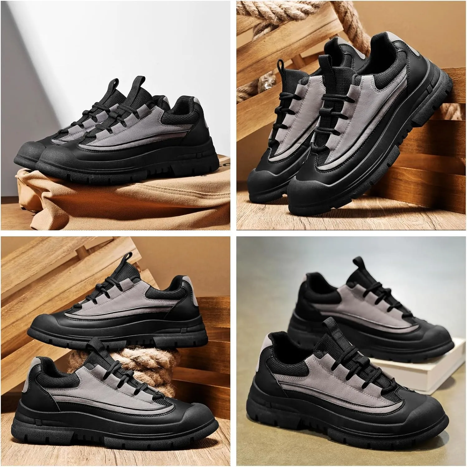 Men's Casual Sneakers Low-Top Leather & Breathable Mesh Chunky Sole Anti-Slip Walking Shoes with Flexible Cushioning for Business Casual & Daily Wear