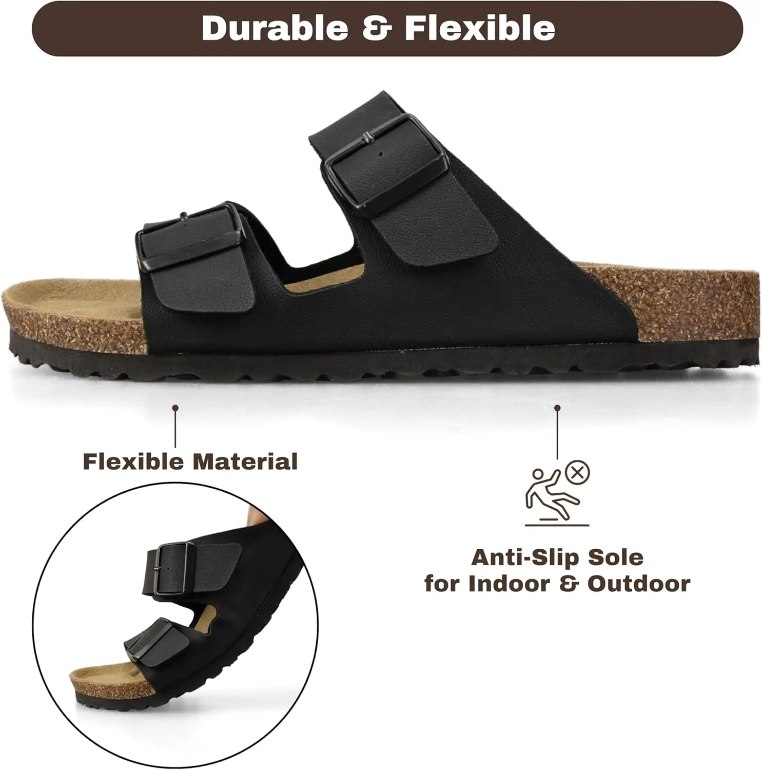 Men's Cork Footbed Slide Sandals, Arch Support Adjustable Buckle Cushioned Sandals, Comfy Summer Essentials