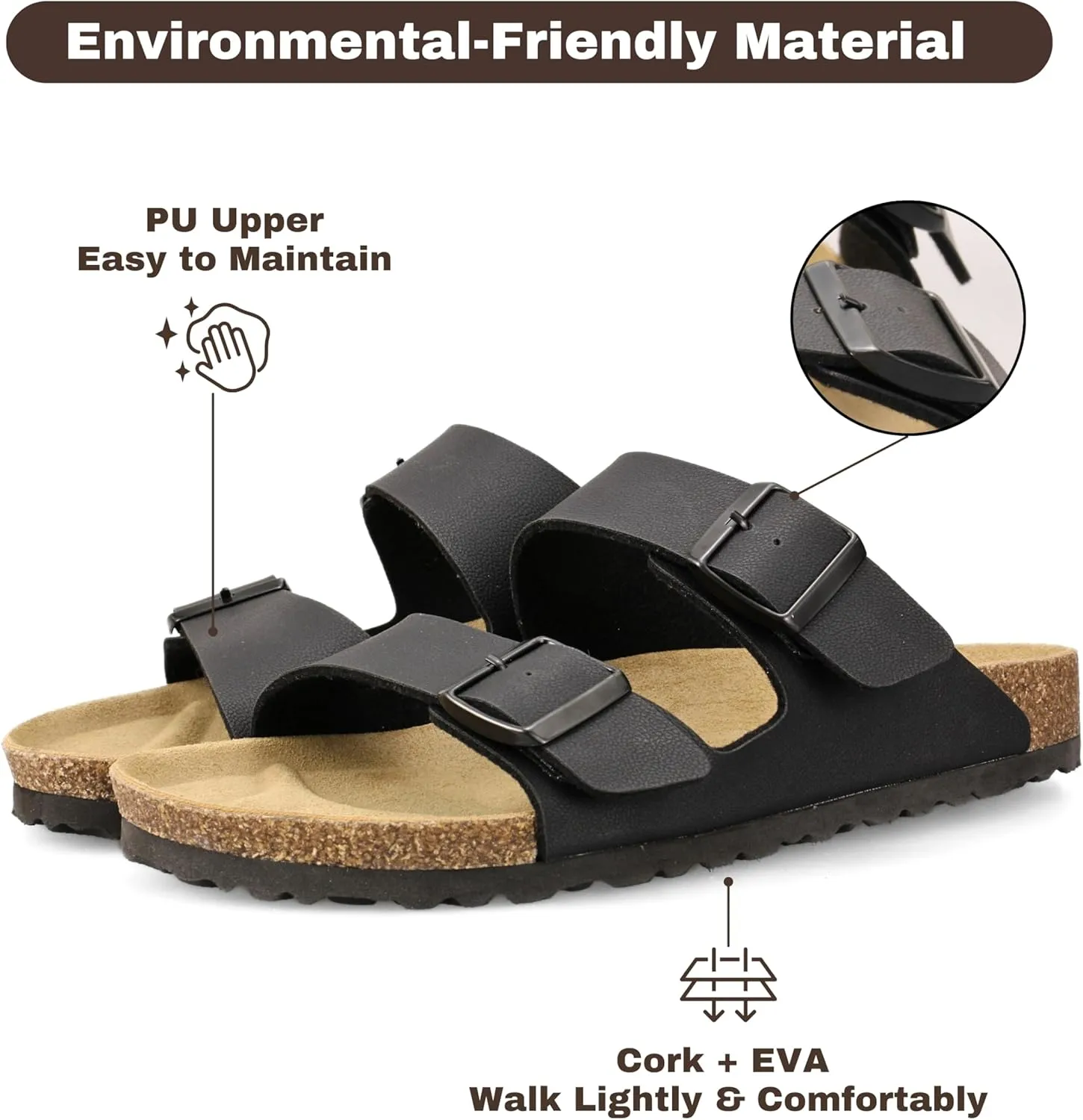 Men's Cork Footbed Slide Sandals, Arch Support Adjustable Buckle Cushioned Sandals, Comfy Summer Essentials
