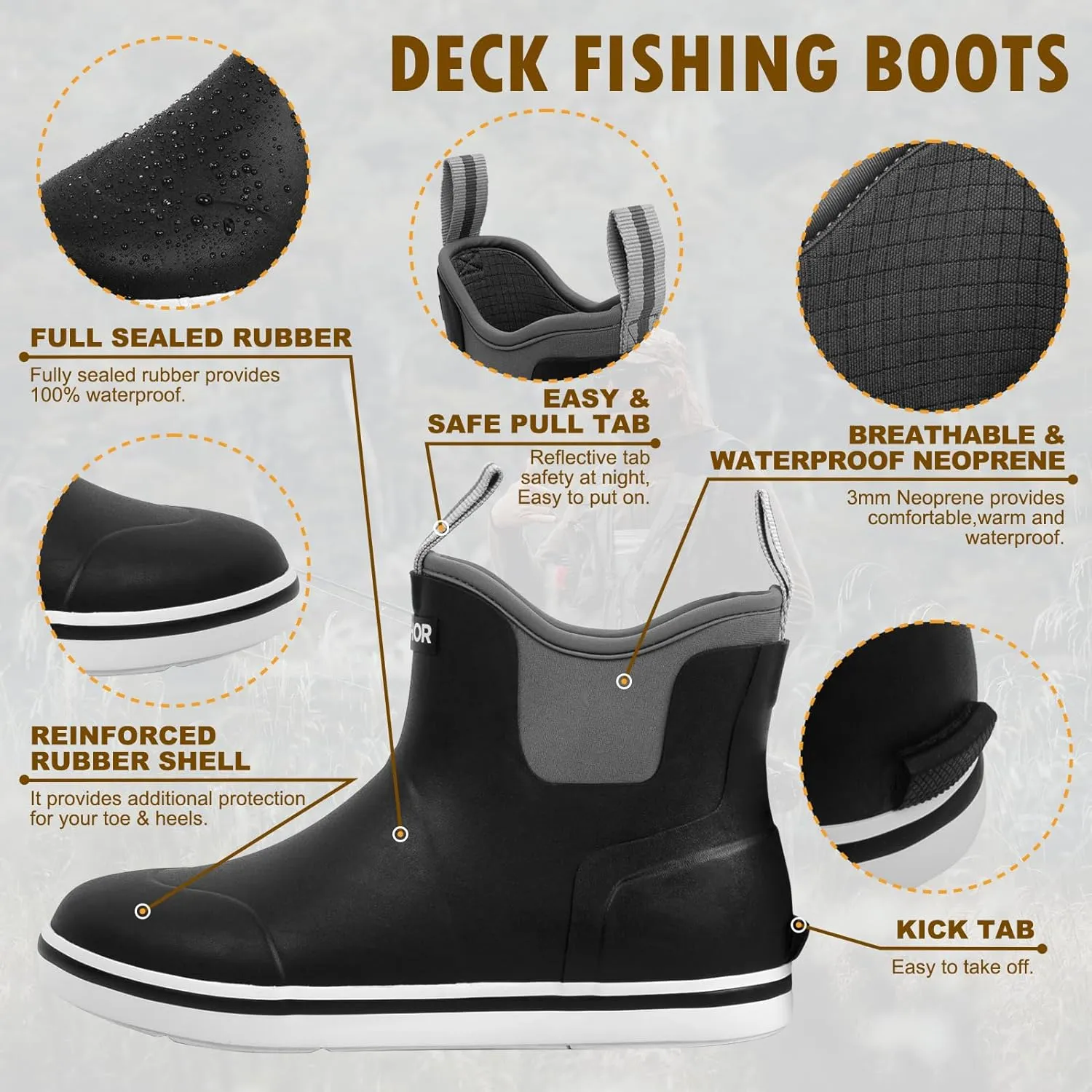 Men’s Fishing Boots, Waterproof Deck Boots Anti-Slip Rubber 3mm Breathable Neoprene Rain boots. Ideal for Fishing and Outdoor Activities