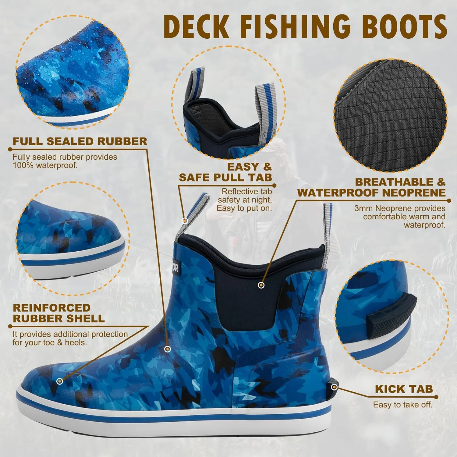 Men’s Fishing Boots, Waterproof Deck Boots Anti-Slip Rubber 3mm Breathable Neoprene Rain boots. Ideal for Fishing and Outdoor Activities