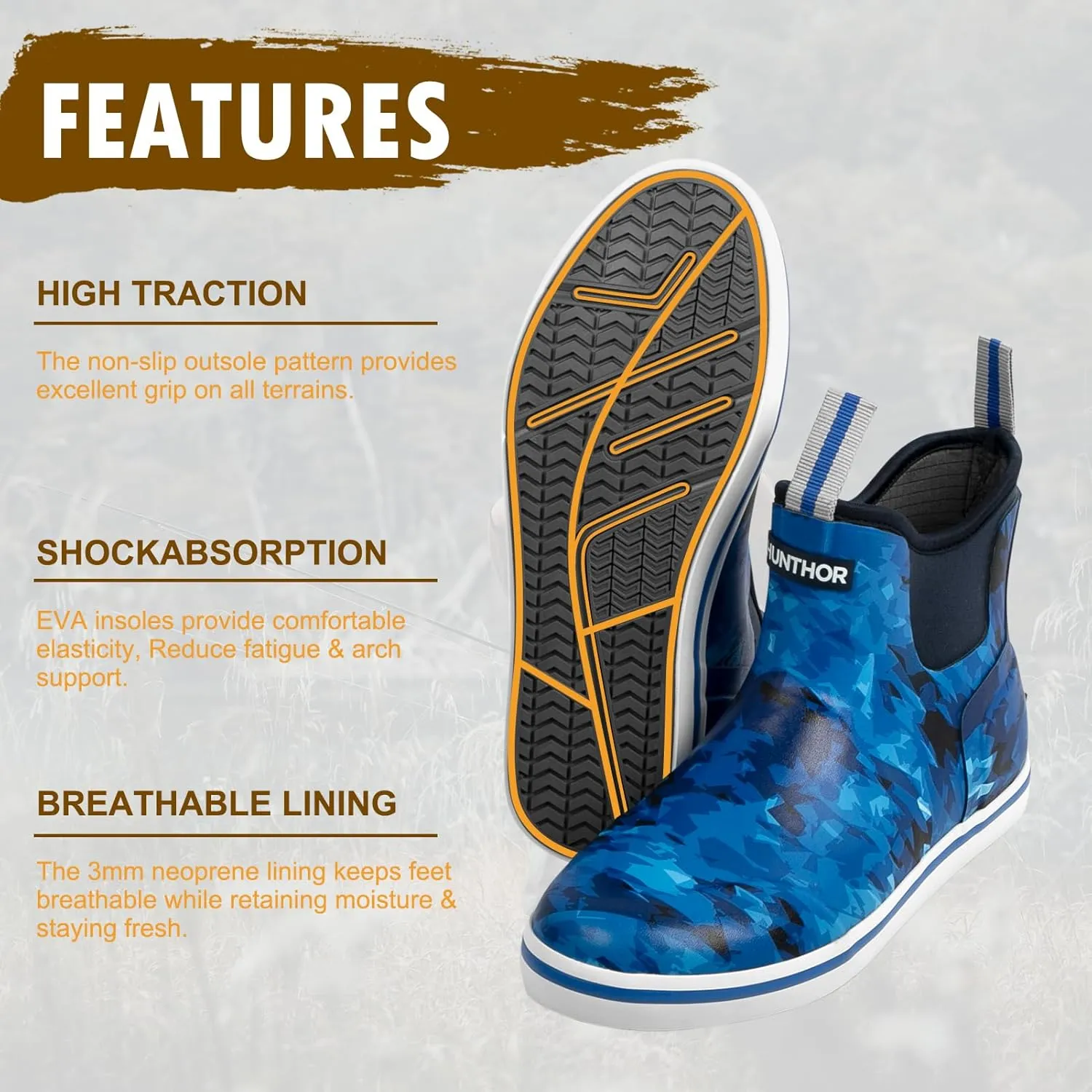 Men’s Fishing Boots, Waterproof Deck Boots Anti-Slip Rubber 3mm Breathable Neoprene Rain boots. Ideal for Fishing and Outdoor Activities