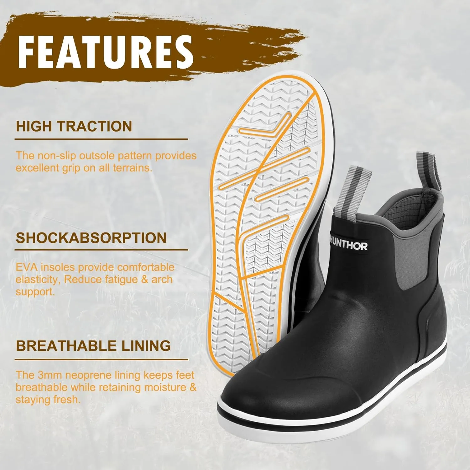 Men’s Fishing Boots, Waterproof Deck Boots Anti-Slip Rubber 3mm Breathable Neoprene Rain boots. Ideal for Fishing and Outdoor Activities