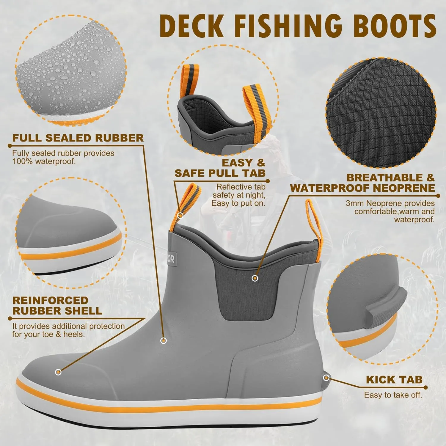 Men’s Fishing Boots, Waterproof Deck Boots Anti-Slip Rubber 3mm Breathable Neoprene Rain boots. Ideal for Fishing and Outdoor Activities