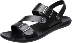 Men's Leather Buckle Casual Flat Sandals with Adjustable Dual use Ankle Straps Slip-On Beach Sandals Open Toe Non-Slip Soft Comfortable Slide Sandals