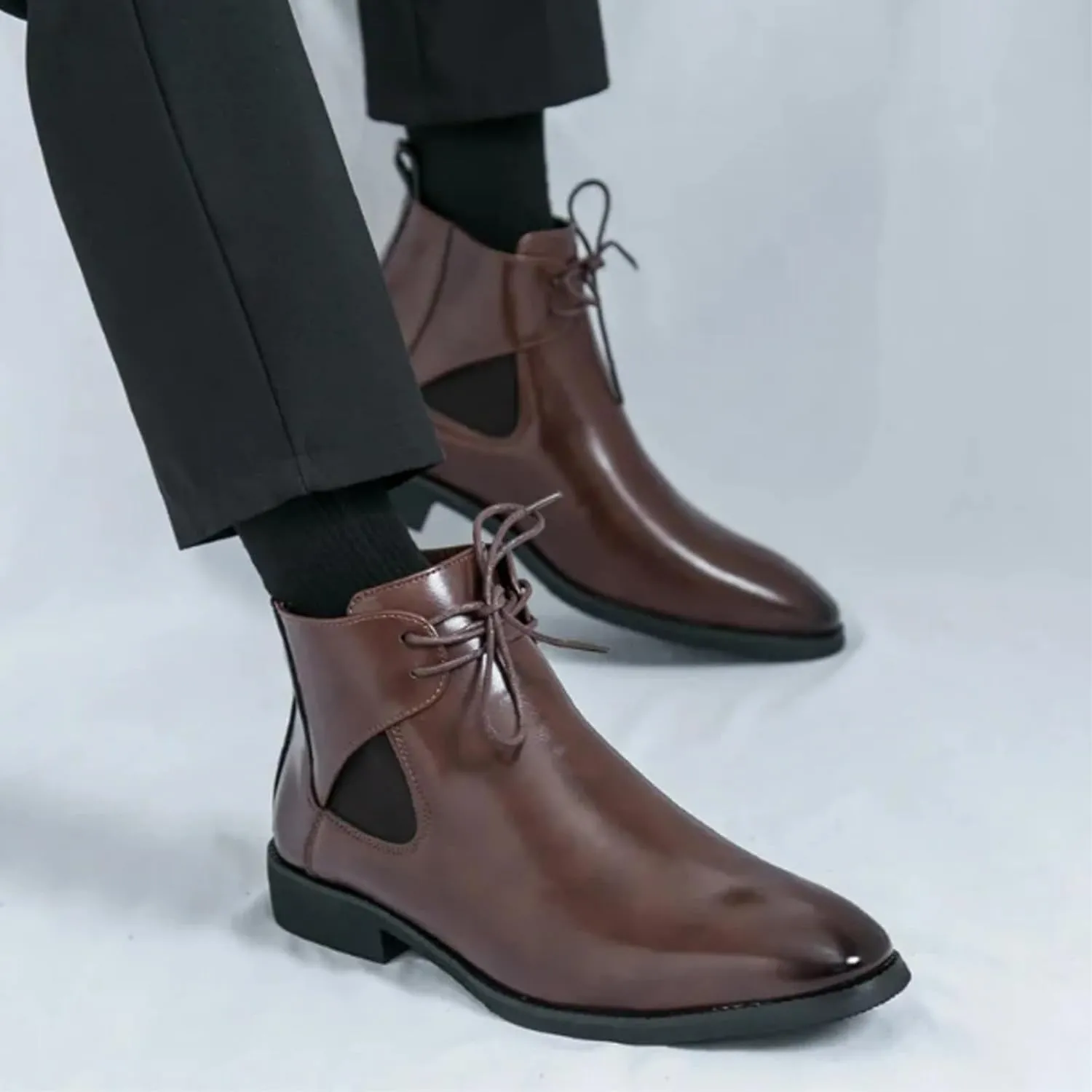 Men's Leather Comfortable Pointed Toe Chukka Boots Retro Classic Lace-up British Style Low Heel Oxford Chelsea Boots Casual Formal Business Dress Ankle Booties