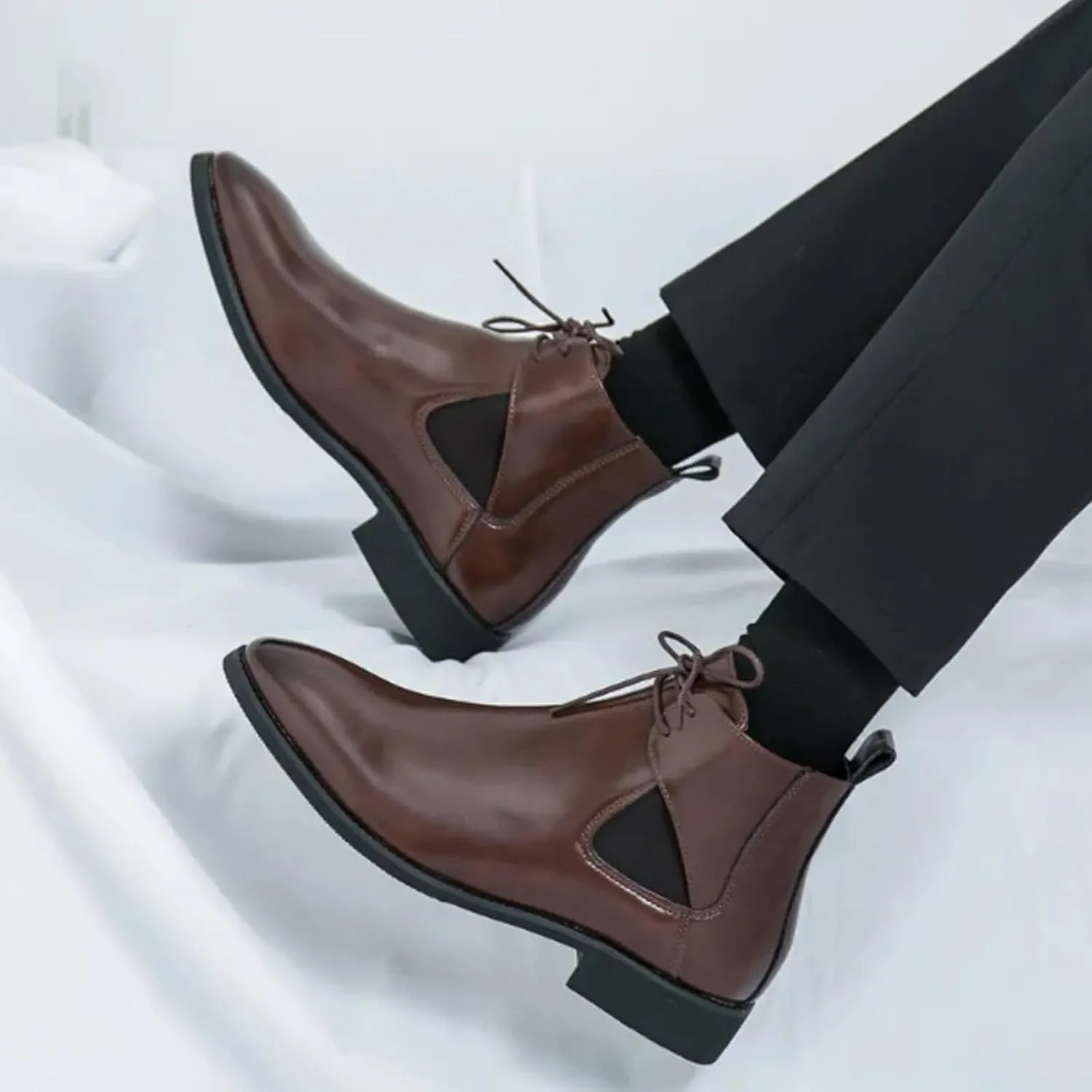 Men's Leather Comfortable Pointed Toe Chukka Boots Retro Classic Lace-up British Style Low Heel Oxford Chelsea Boots Casual Formal Business Dress Ankle Booties