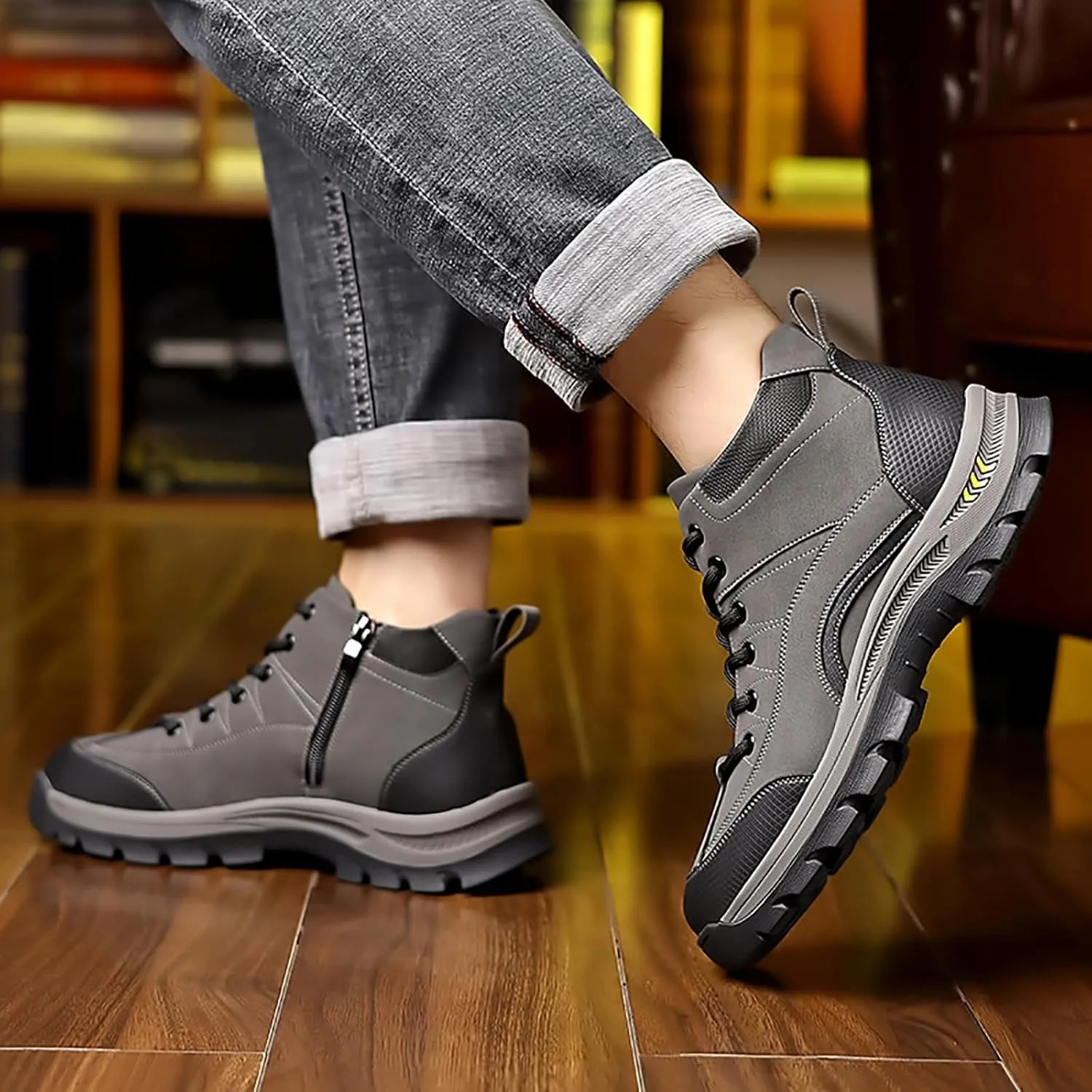 Men's Leather Waterproof Hiking Ankle Boots with Side Zipper Casual Lace Up Comfortable Arch Support Non-Slip Lug Sole Sneakers Booties Outdoor Trekking Climbing Boots
