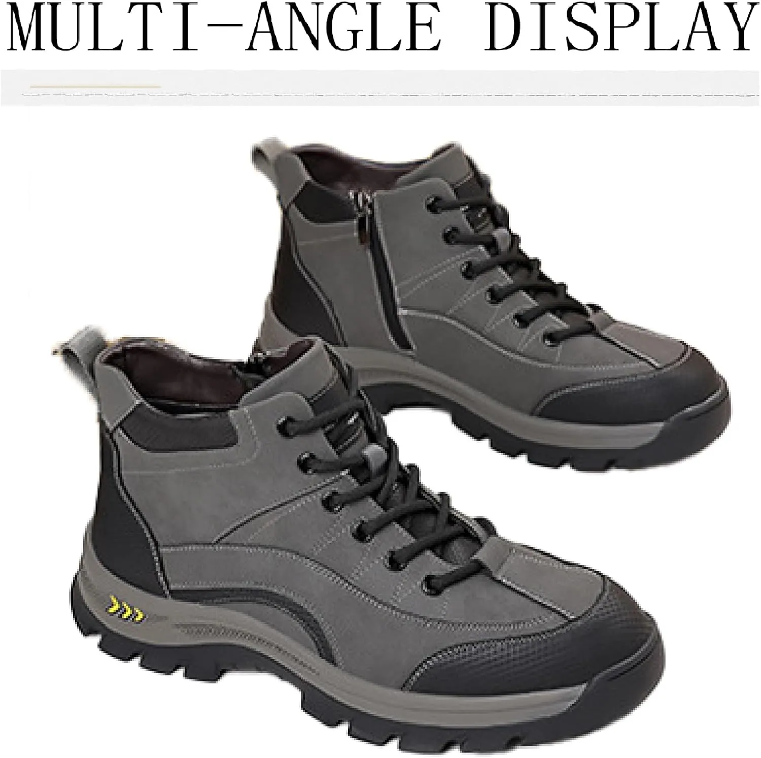 Men's Leather Waterproof Hiking Ankle Boots with Side Zipper Casual Lace Up Comfortable Arch Support Non-Slip Lug Sole Sneakers Booties Outdoor Trekking Climbing Boots