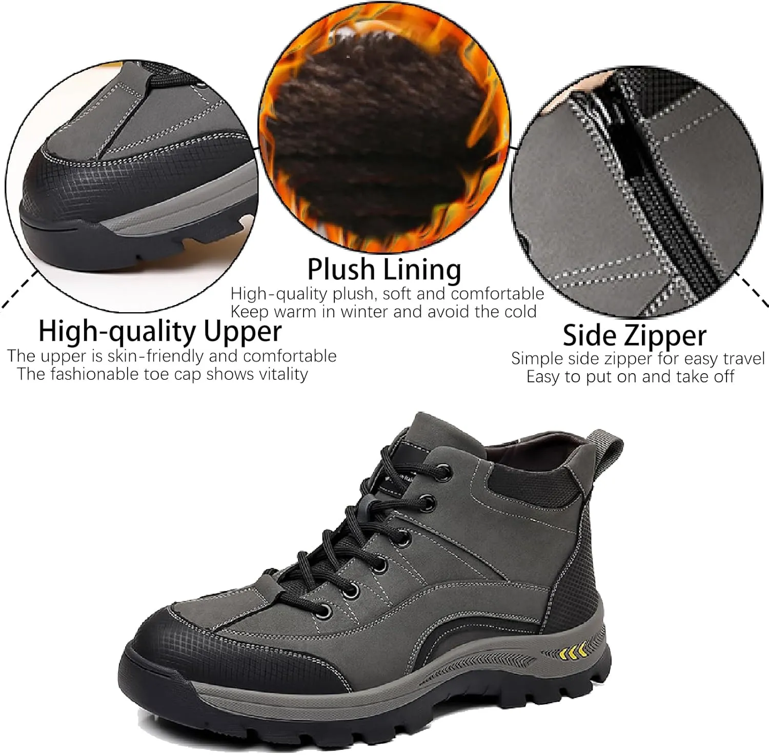 Men's Leather Waterproof Hiking Ankle Boots with Side Zipper Casual Lace Up Comfortable Arch Support Non-Slip Lug Sole Sneakers Booties Outdoor Trekking Climbing Boots