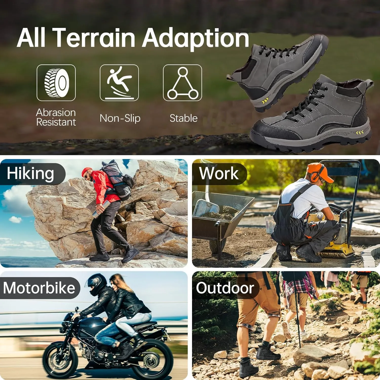 Men's Leather Waterproof Hiking Ankle Boots with Side Zipper Casual Lace Up Comfortable Arch Support Non-Slip Lug Sole Sneakers Booties Outdoor Trekking Climbing Boots