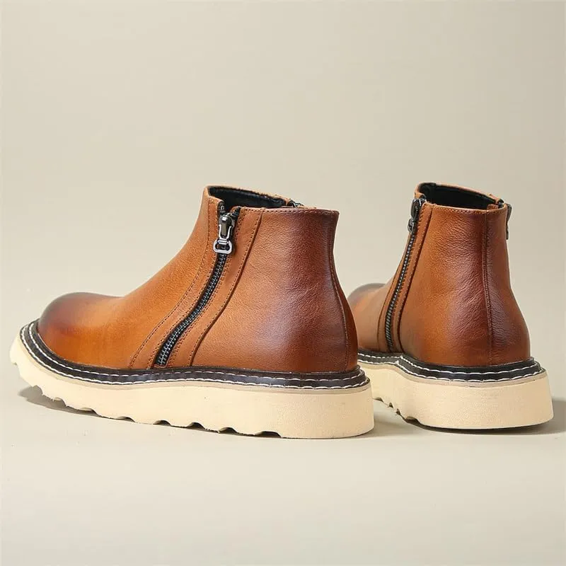 Men's Mid-length Retro Brushed Color Design Side Zipper Easy To Put On And Take Off High-top Thick-soled Work Boots Waterproof And Wear-resistant Work Shoes
