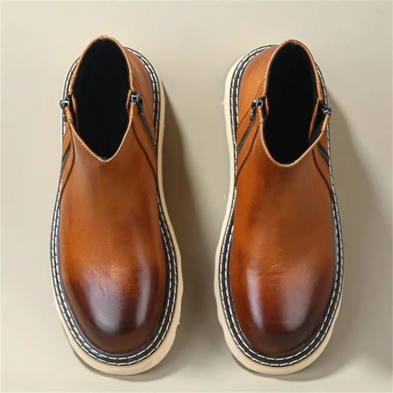 Men's Mid-length Retro Brushed Color Design Side Zipper Easy To Put On And Take Off High-top Thick-soled Work Boots Waterproof And Wear-resistant Work Shoes
