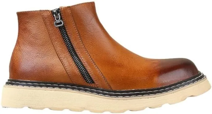 Men's Mid-length Retro Brushed Color Design Side Zipper Easy To Put On And Take Off High-top Thick-soled Work Boots Waterproof And Wear-resistant Work Shoes
