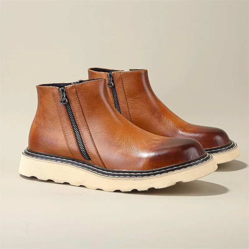 Men's Mid-length Retro Brushed Color Design Side Zipper Easy To Put On And Take Off High-top Thick-soled Work Boots Waterproof And Wear-resistant Work Shoes