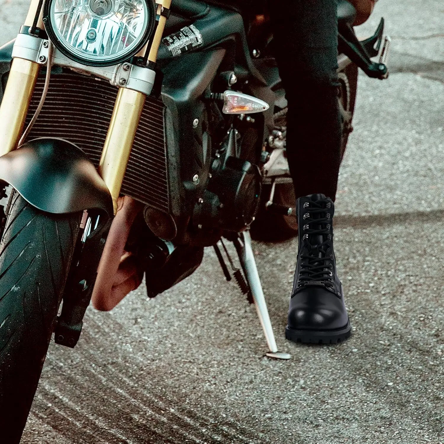 Men's Motorcycle Boot For Riding PU Leather Combat Boots For Men Waterproof Biker Boots with Lace-Up Side Zipper