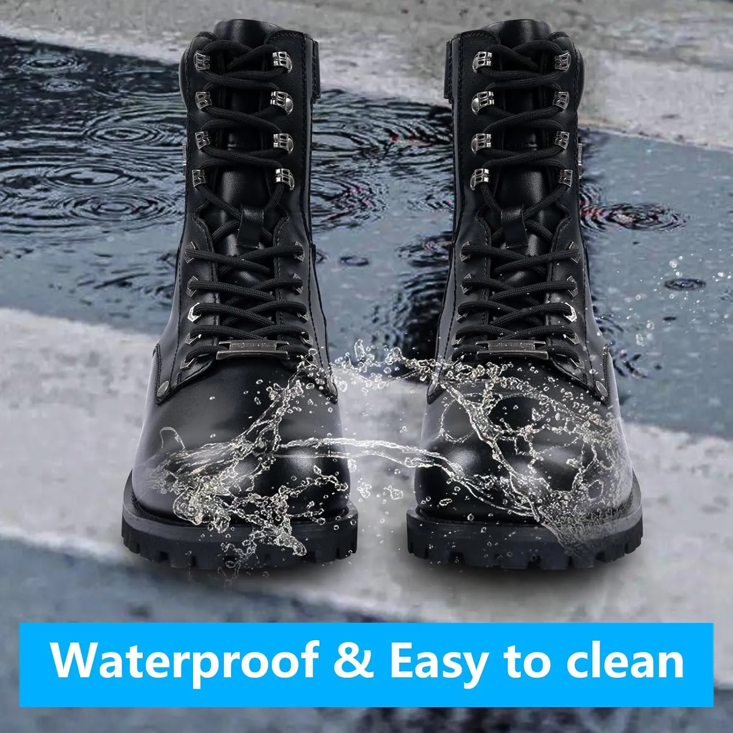 Men's Motorcycle Boot For Riding PU Leather Combat Boots For Men Waterproof Biker Boots with Lace-Up Side Zipper