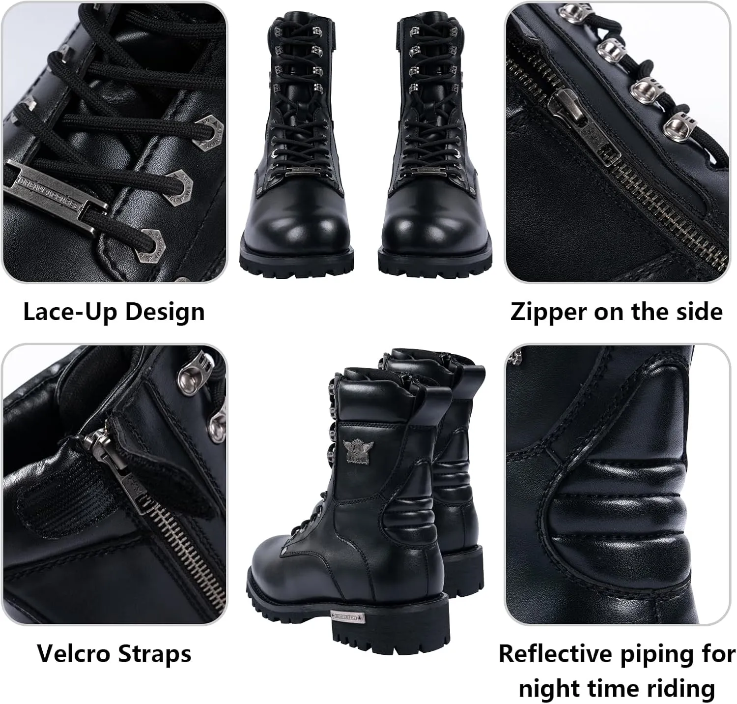 Men's Motorcycle Boot For Riding PU Leather Combat Boots For Men Waterproof Biker Boots with Lace-Up Side Zipper