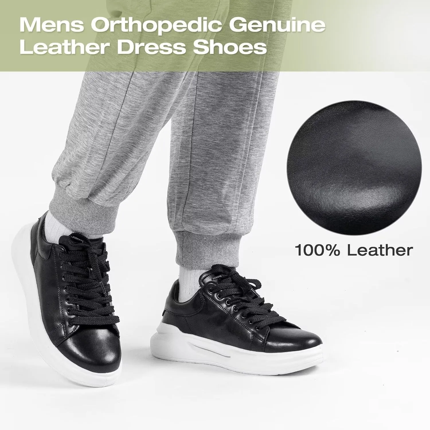 Men's Orthopedic Leather Dress Fashion Sneakers: Comfortable Arch Support Leather Oxfords for Plantar Fasciitis, Orthotic Flat Feet Casual Walking Shoes for Foot and Heel Pain Relief