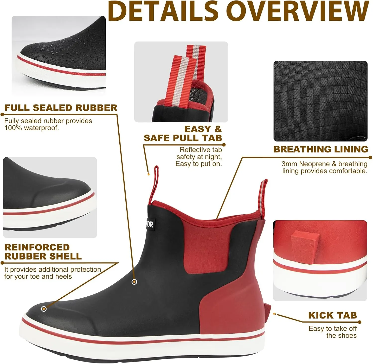 Men's Rain Boots, Waterproof Rubber Deck Boots, Anti Slip 3mm Neoprene Fishing Ankle Shoes for Outdoor Fishing, Boating （Size 7-14）