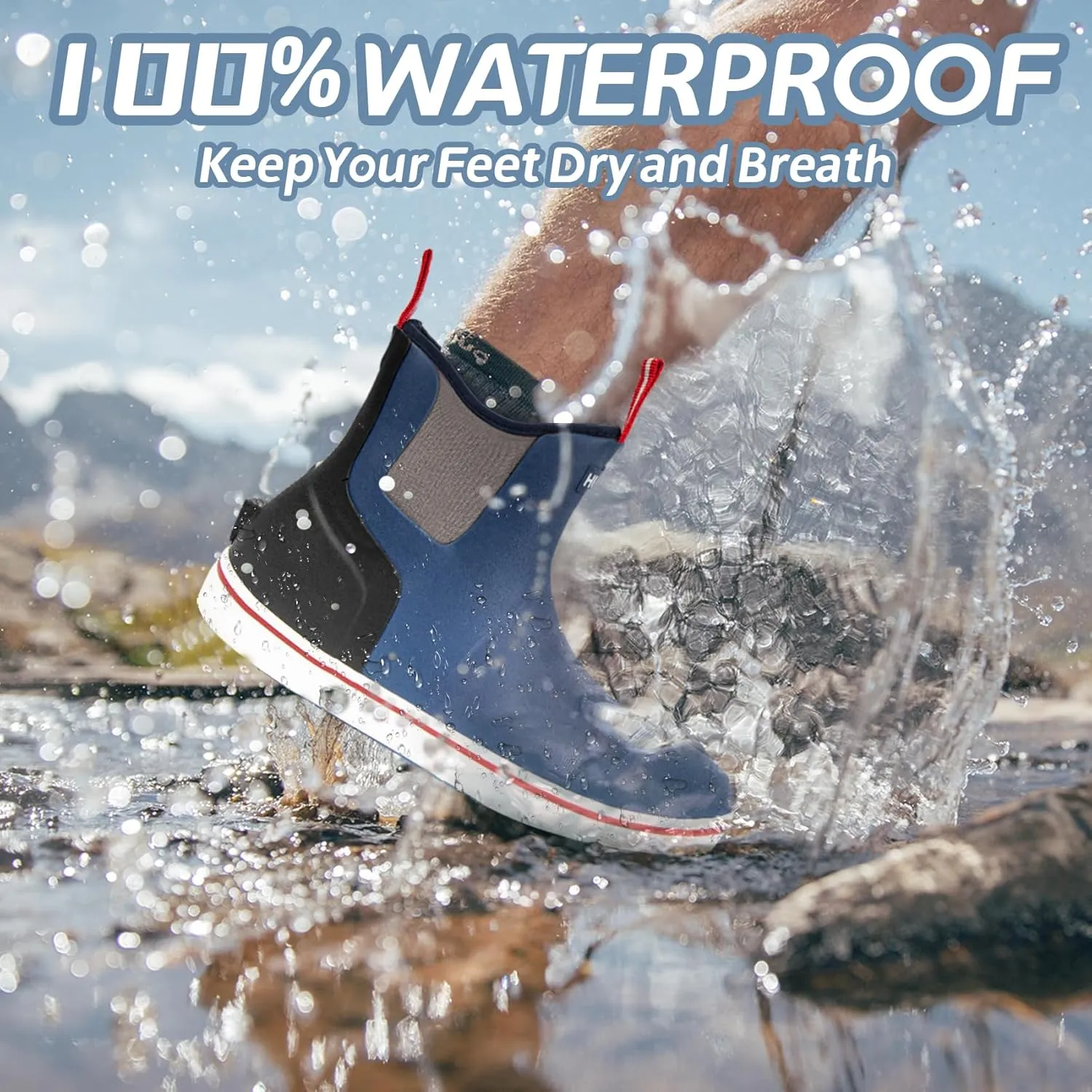 Men's Rain Boots, Waterproof Rubber Deck Boots, Anti Slip 3mm Neoprene Fishing Ankle Shoes for Outdoor Fishing, Boating （Size 7-14）