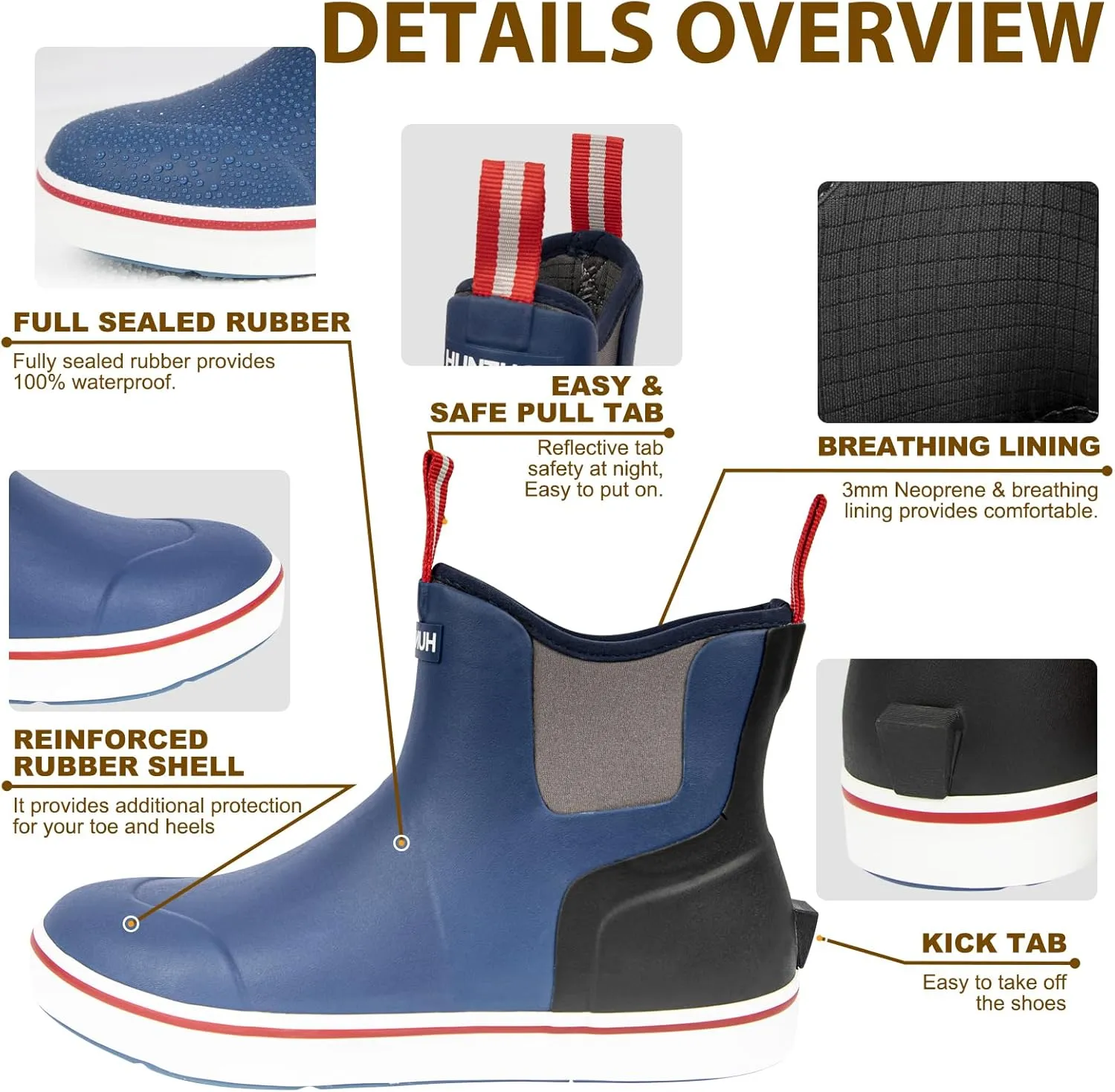 Men's Rain Boots, Waterproof Rubber Deck Boots, Anti Slip 3mm Neoprene Fishing Ankle Shoes for Outdoor Fishing, Boating （Size 7-14）