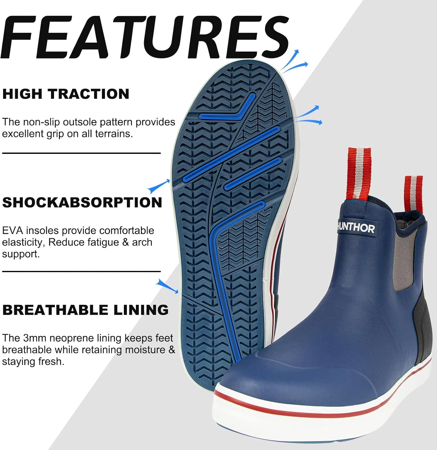 Men's Rain Boots, Waterproof Rubber Deck Boots, Anti Slip 3mm Neoprene Fishing Ankle Shoes for Outdoor Fishing, Boating （Size 7-14）