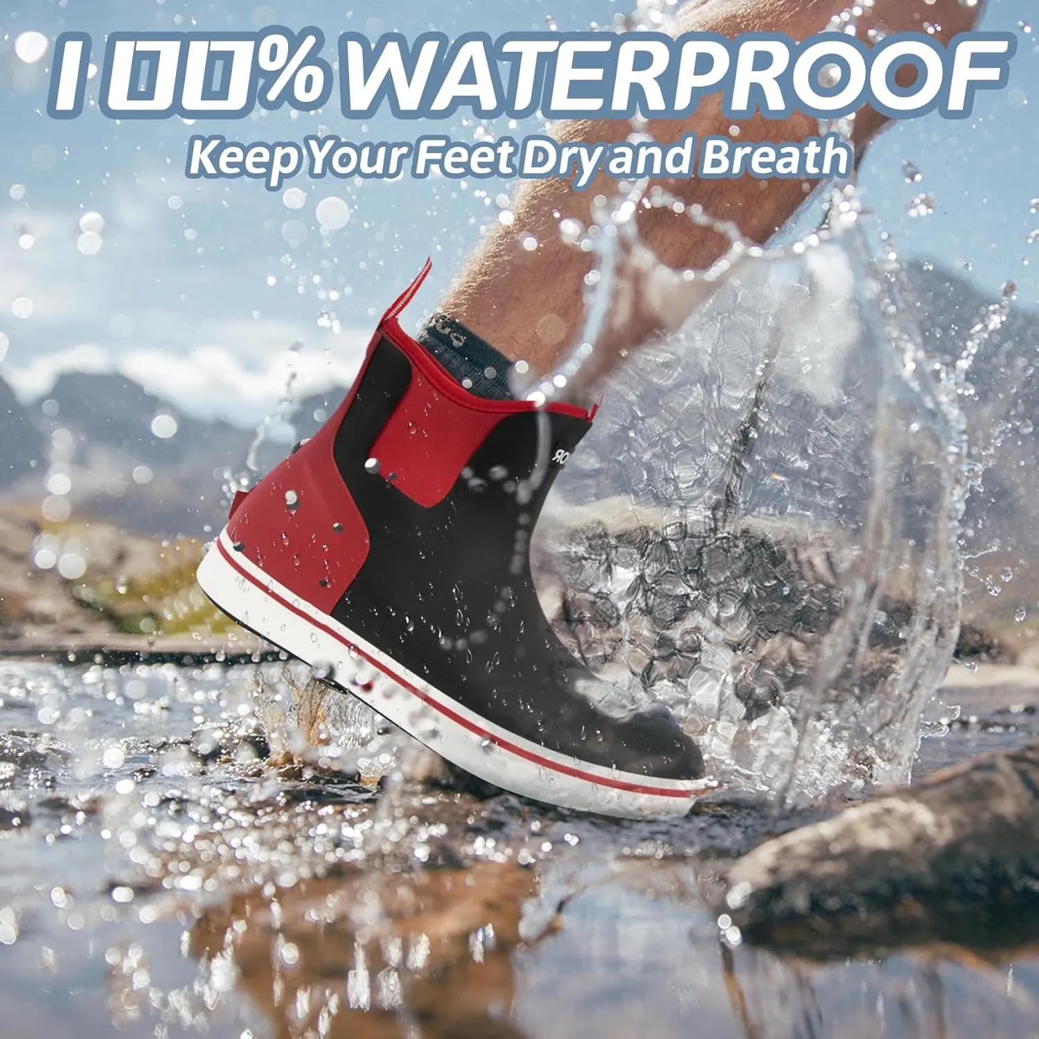 Men's Rain Boots, Waterproof Rubber Deck Boots, Anti Slip 3mm Neoprene Fishing Ankle Shoes for Outdoor Fishing, Boating （Size 7-14）