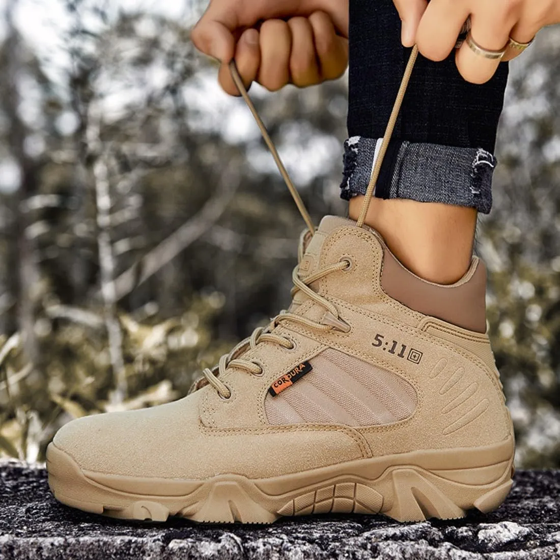 Men's Tactical Ankle Boots: Side Zipper Military Work Boots, Hook & Loop Closure