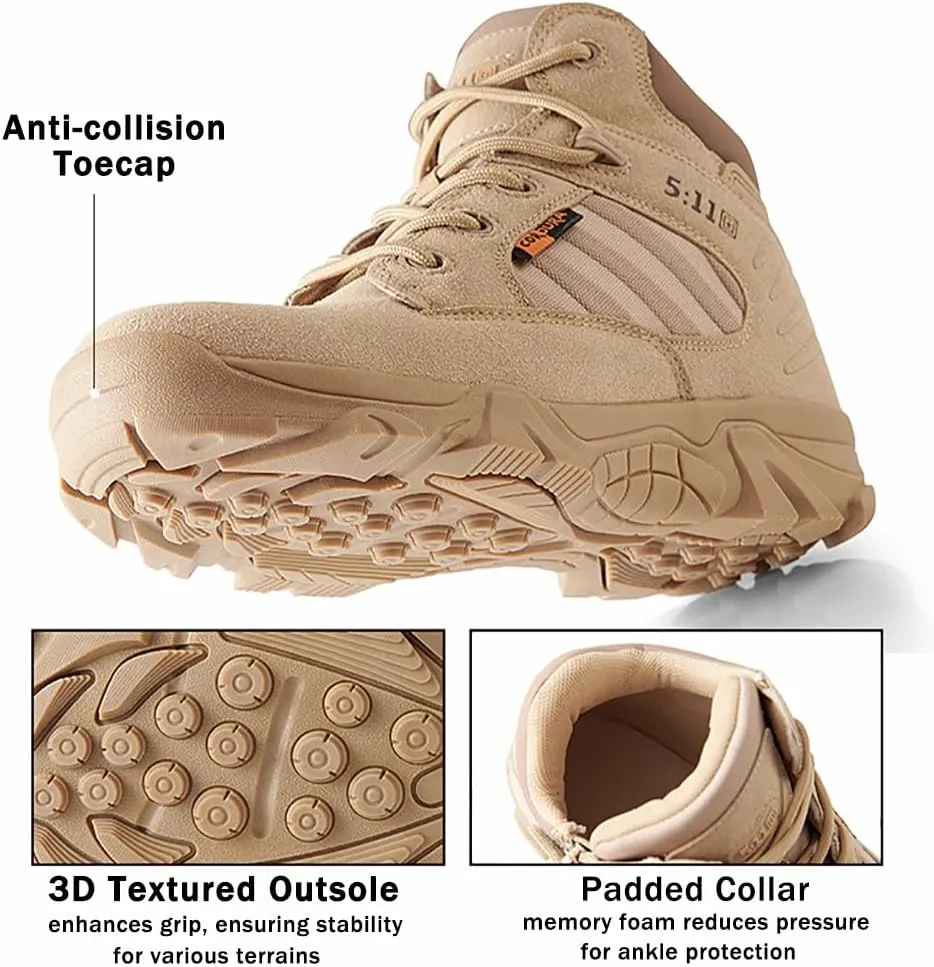 Men's Tactical Ankle Boots: Side Zipper Military Work Boots, Hook & Loop Closure