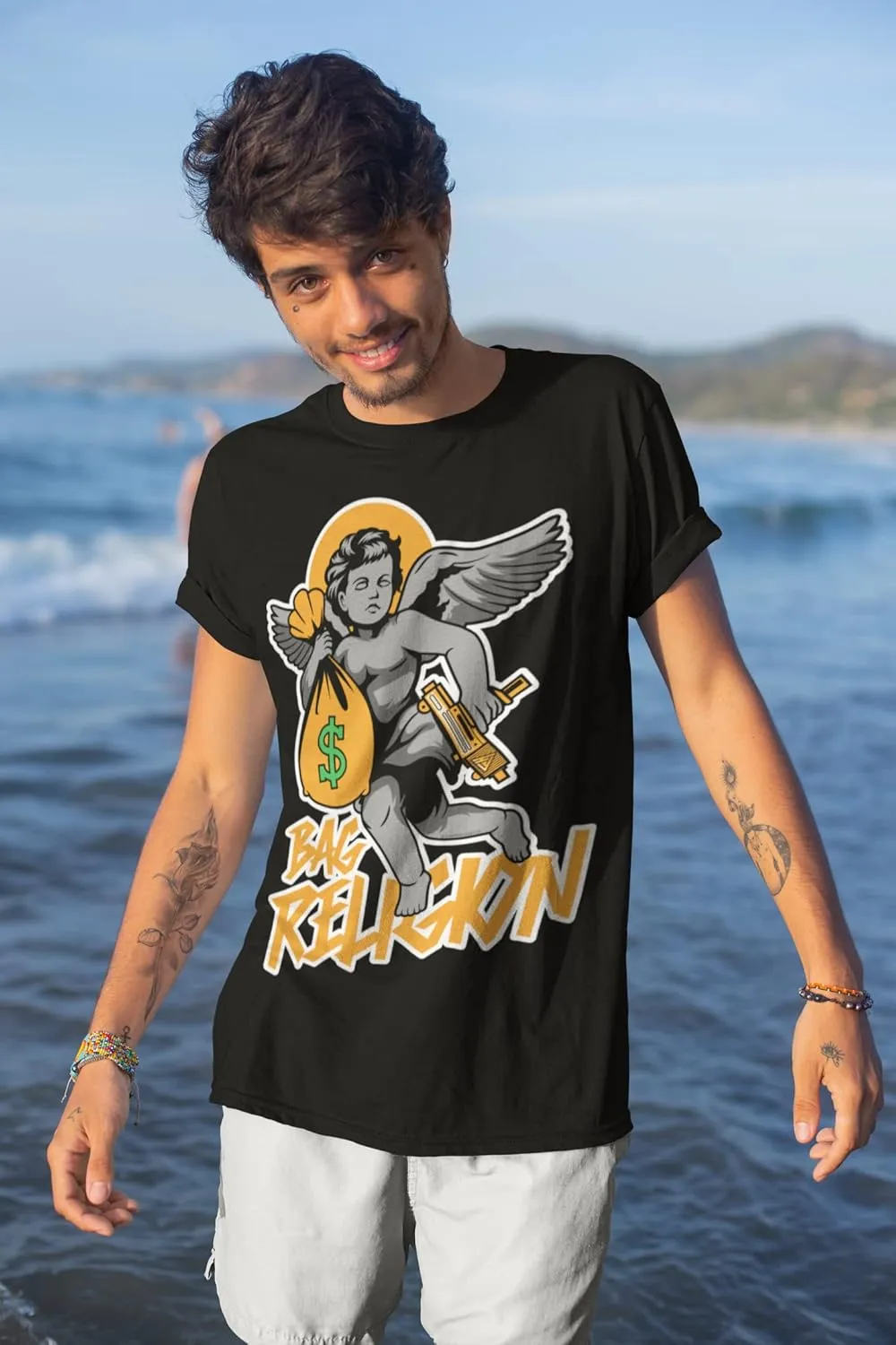 Men's Urban Streetwear Hipster Retro T Shirt Bag Religion, Shirt to Match Sneakers Trendy Fresh