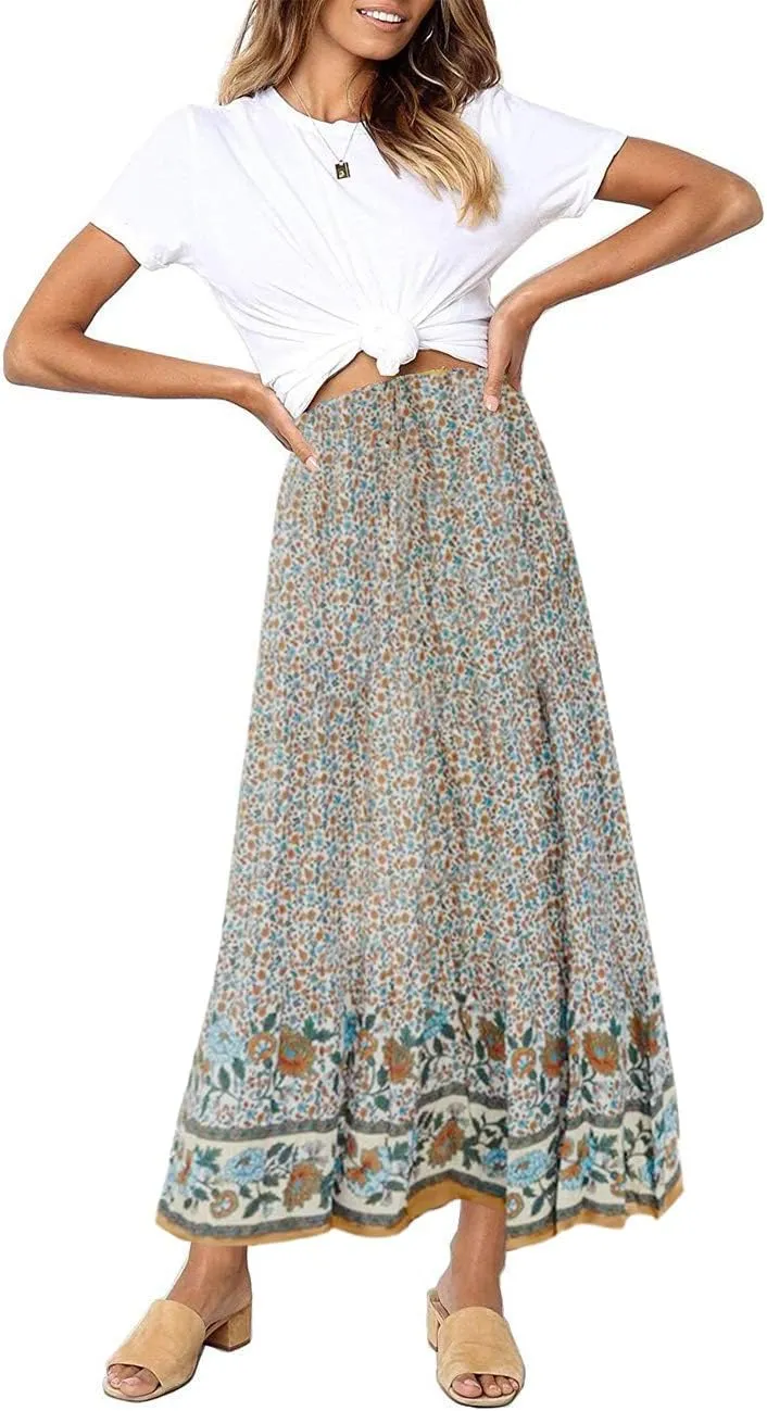 MEROKEETY Women's Boho Floral Print Elastic High Waist Pleated A Line Maxi Skirt