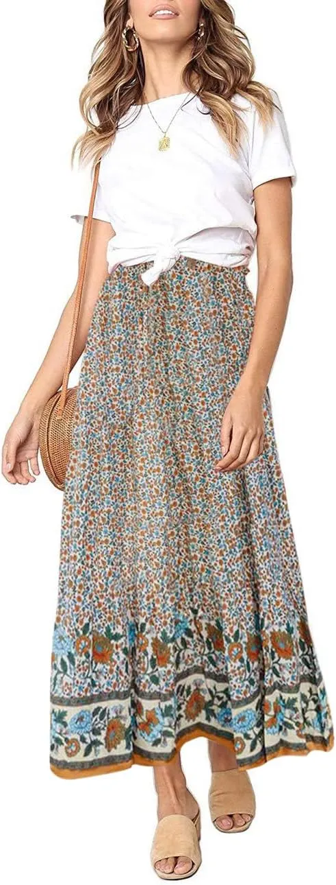 MEROKEETY Women's Boho Floral Print Elastic High Waist Pleated A Line Maxi Skirt