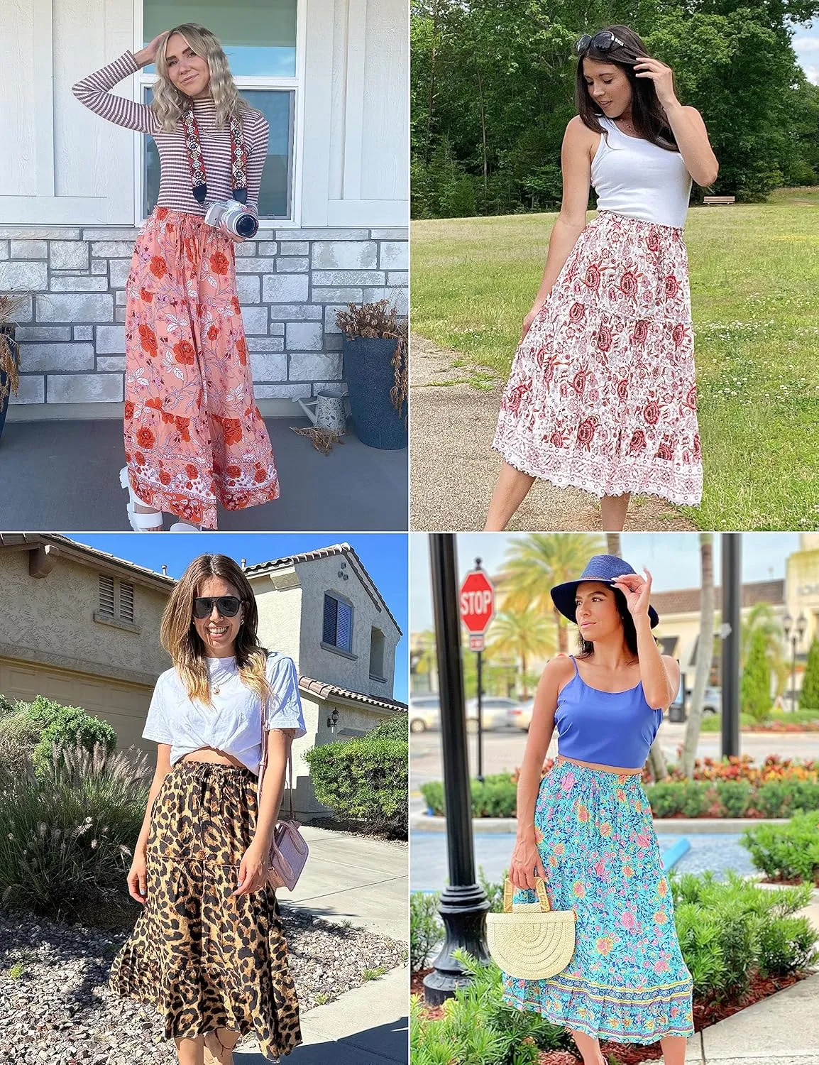 MEROKEETY Women's Boho Floral Print Elastic High Waist Pleated A Line Maxi Skirt