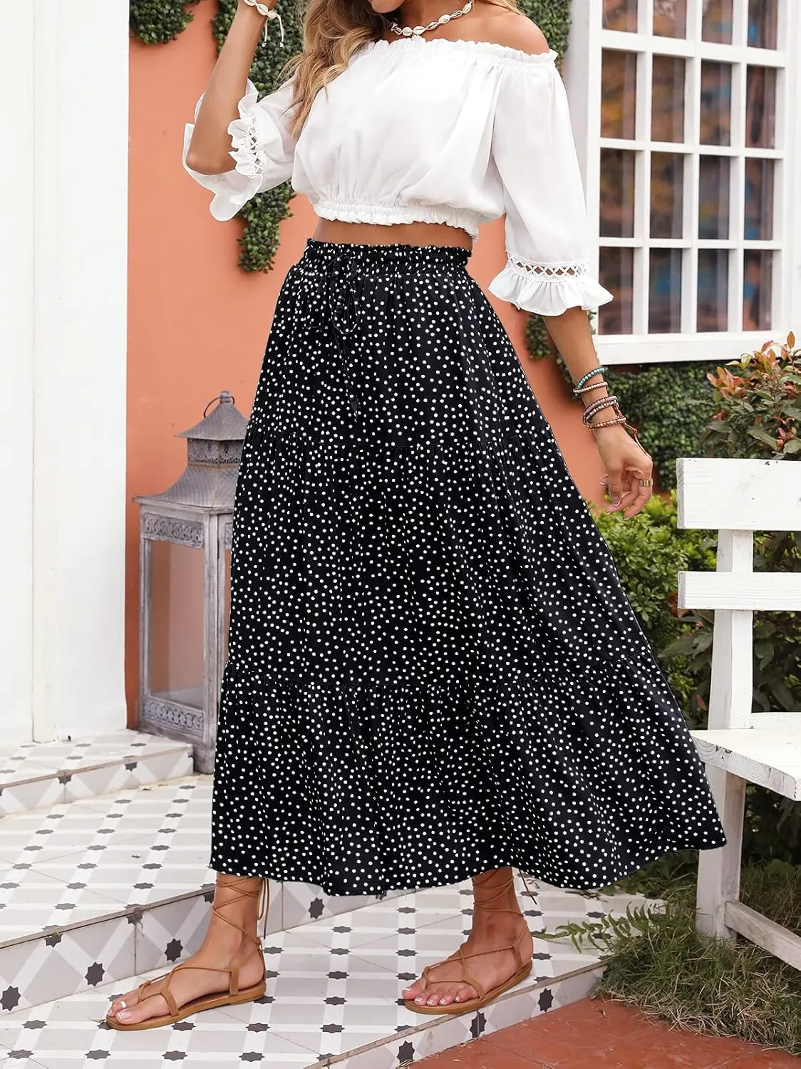 MEROKEETY Women's Boho Floral Print Elastic High Waist Pleated A Line Maxi Skirt