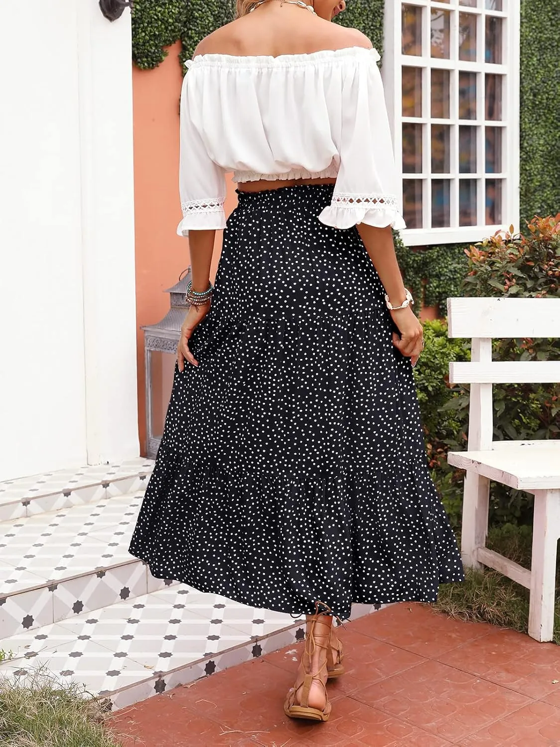 MEROKEETY Women's Boho Floral Print Elastic High Waist Pleated A Line Maxi Skirt